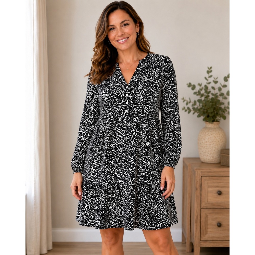 Leopard‎ Print Babydoll Dress Black White Tiered Long Sleeve Large Cottage Core